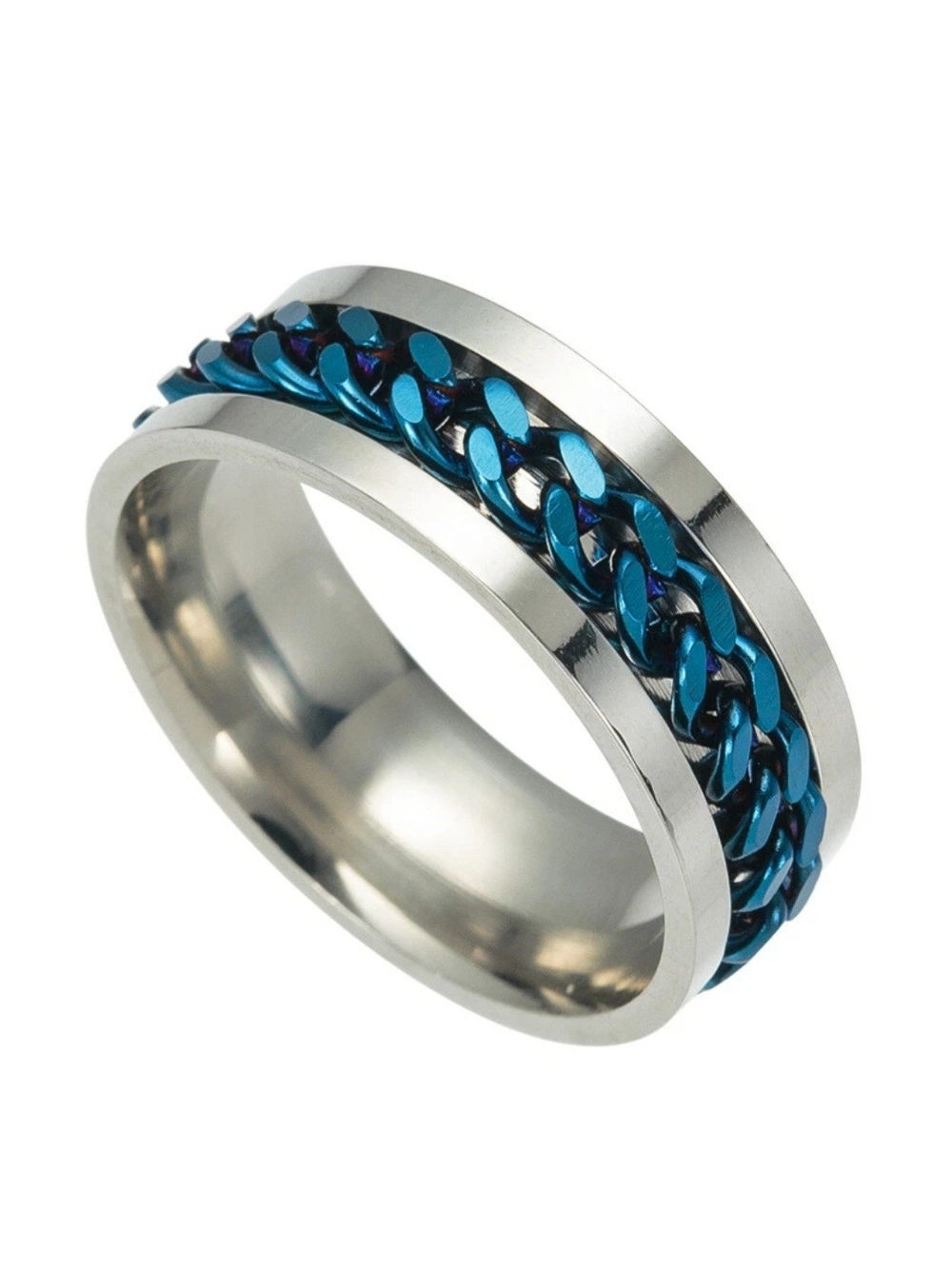 Stainless Steel Silver Blue Chain Fidget Spinner ADHD Anxiety Tool Ring Band